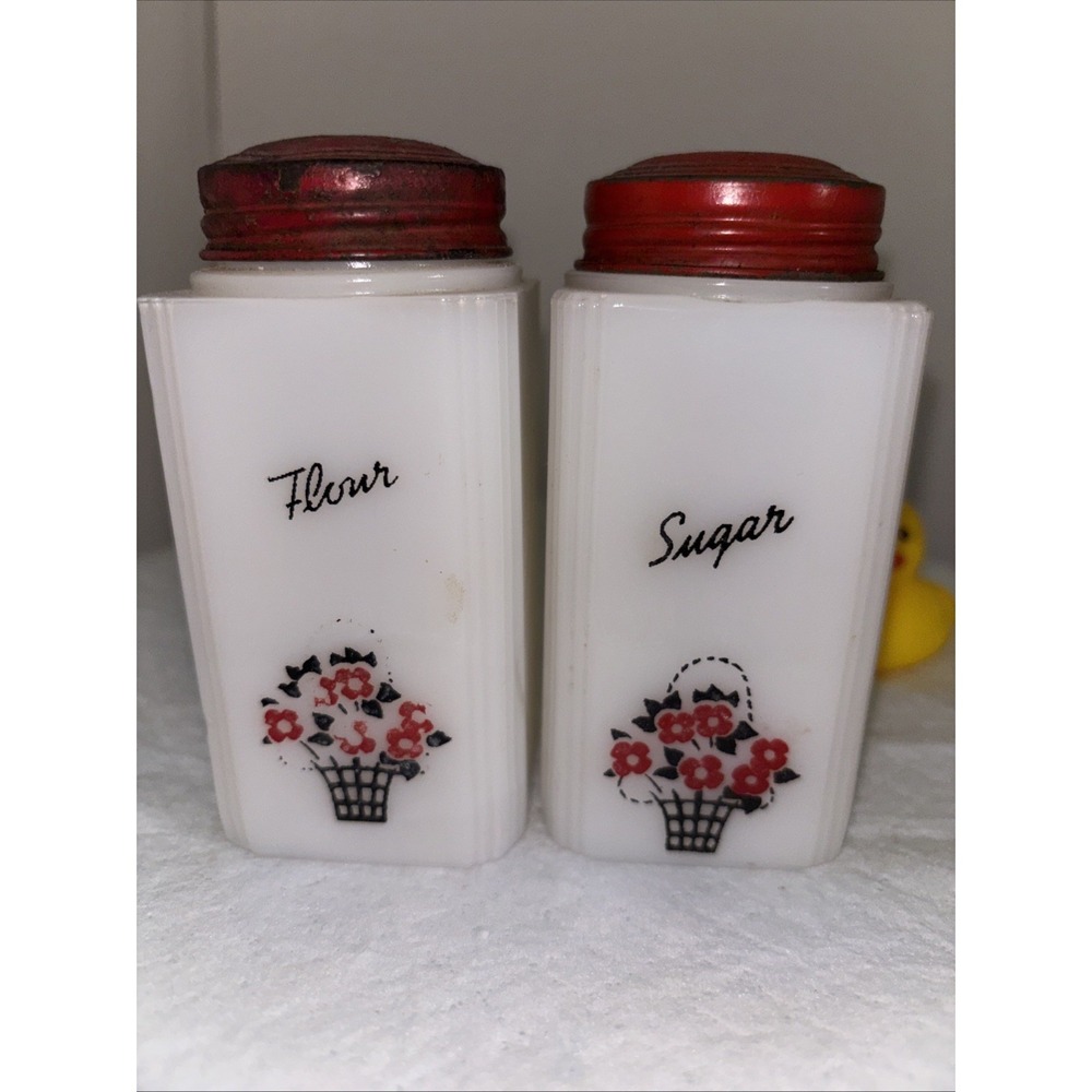 Vintage McKee Tipp Milk Glass Flower Basket Design Flour and Sugar Shaker Set